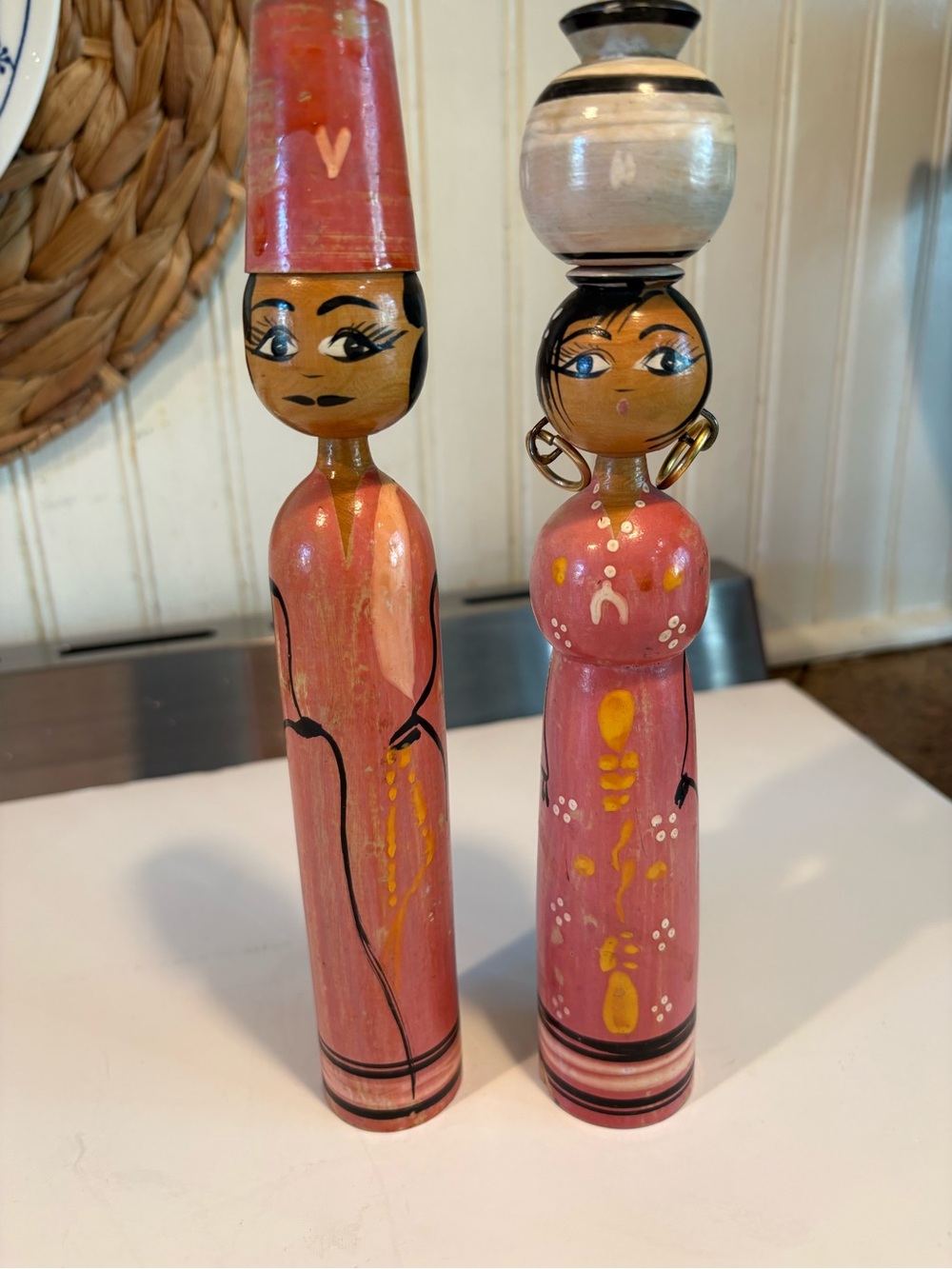 Vintage Egyptian Spindle Dolls Cairo Folk Art Hand Painted Wood Set 9"